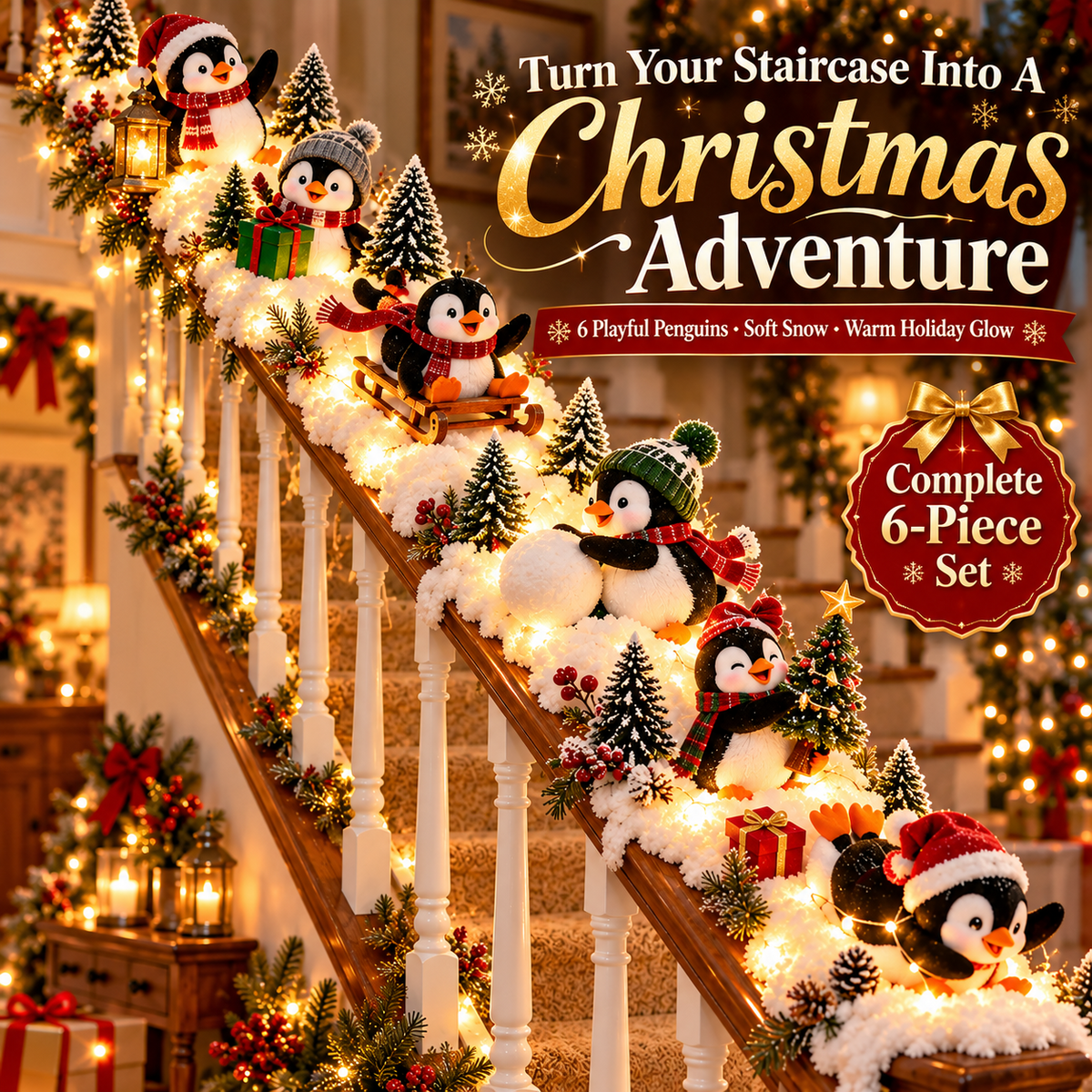 🐧 Merry Penguin Stairway™ – Lighted Christmas Railing Decor