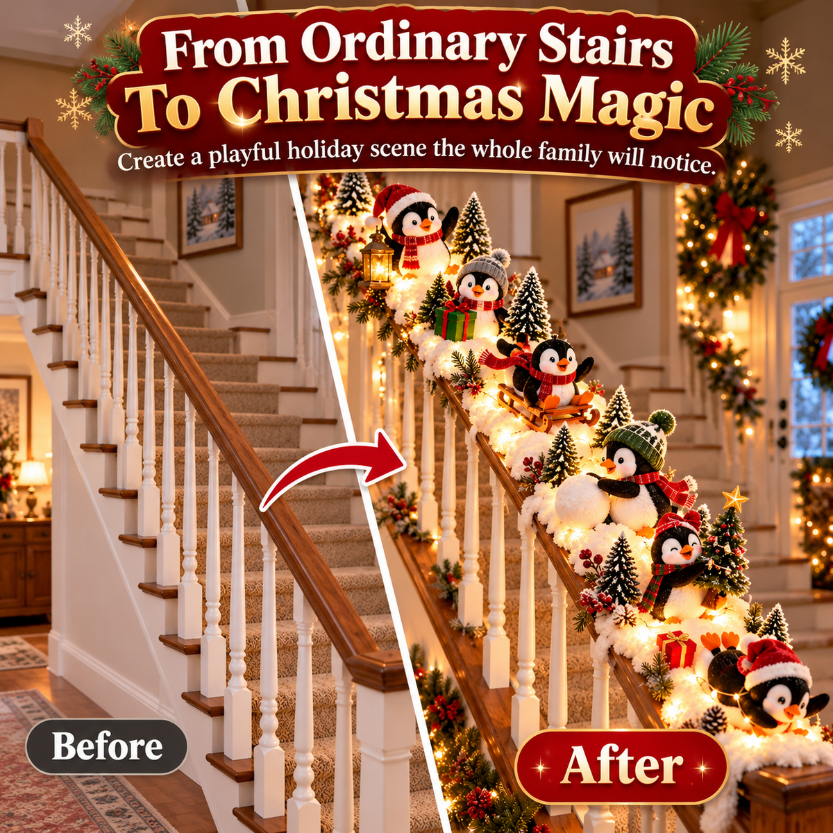 🐧 Merry Penguin Stairway™ – Lighted Christmas Railing Decor