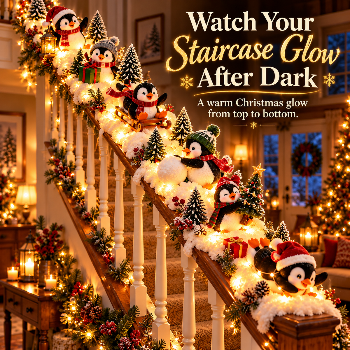 🐧 Merry Penguin Stairway™ – Lighted Christmas Railing Decor