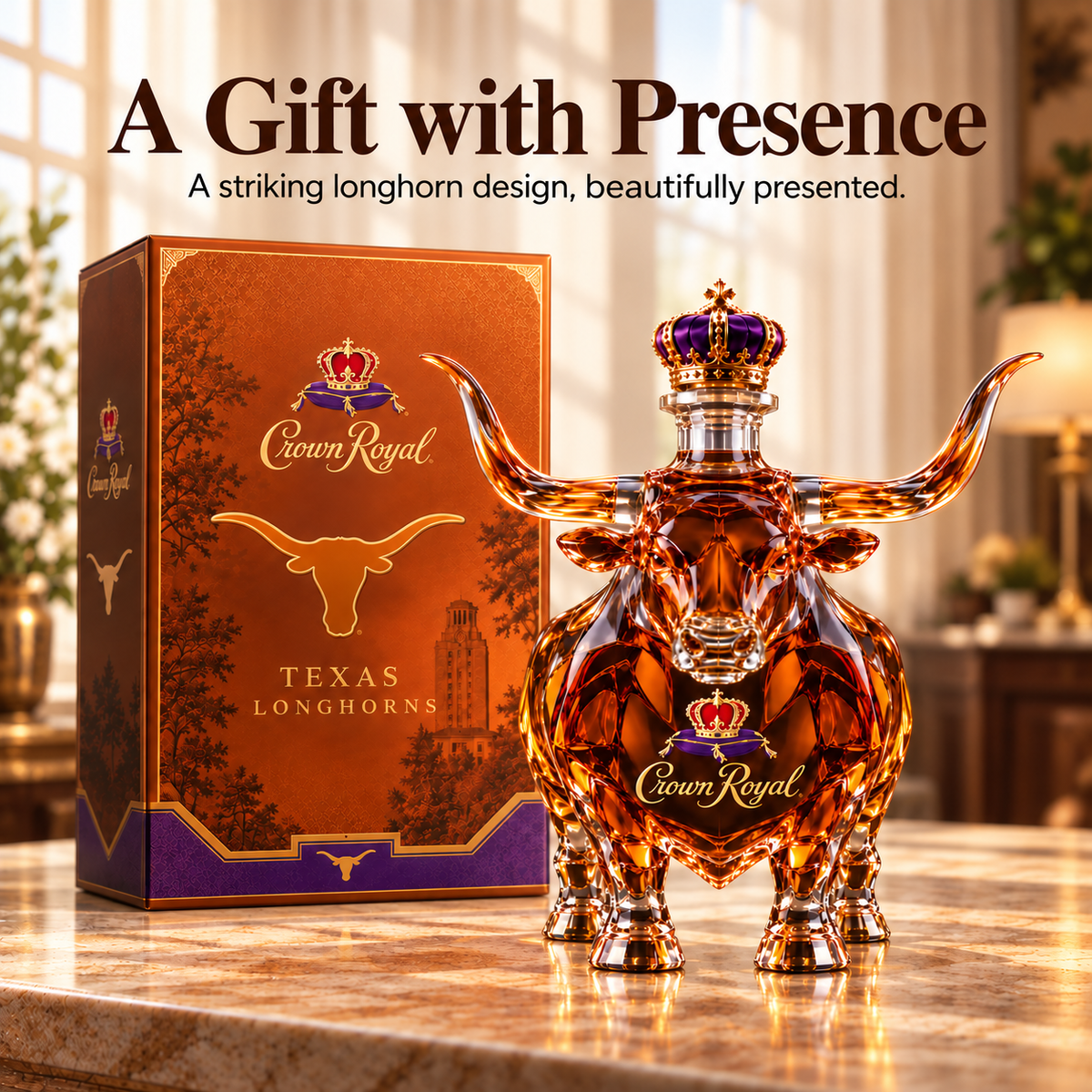 👑🐂 Texas Longhorn Crystal Whiskey Bottle