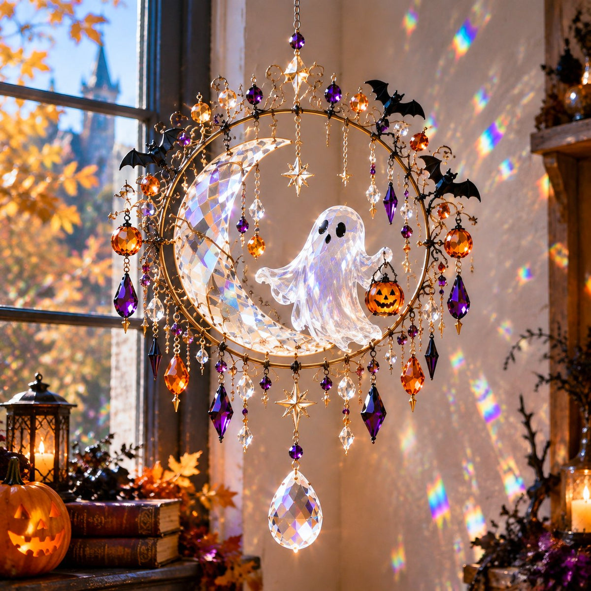 Ghost and moon Halloween crystal suncatcher