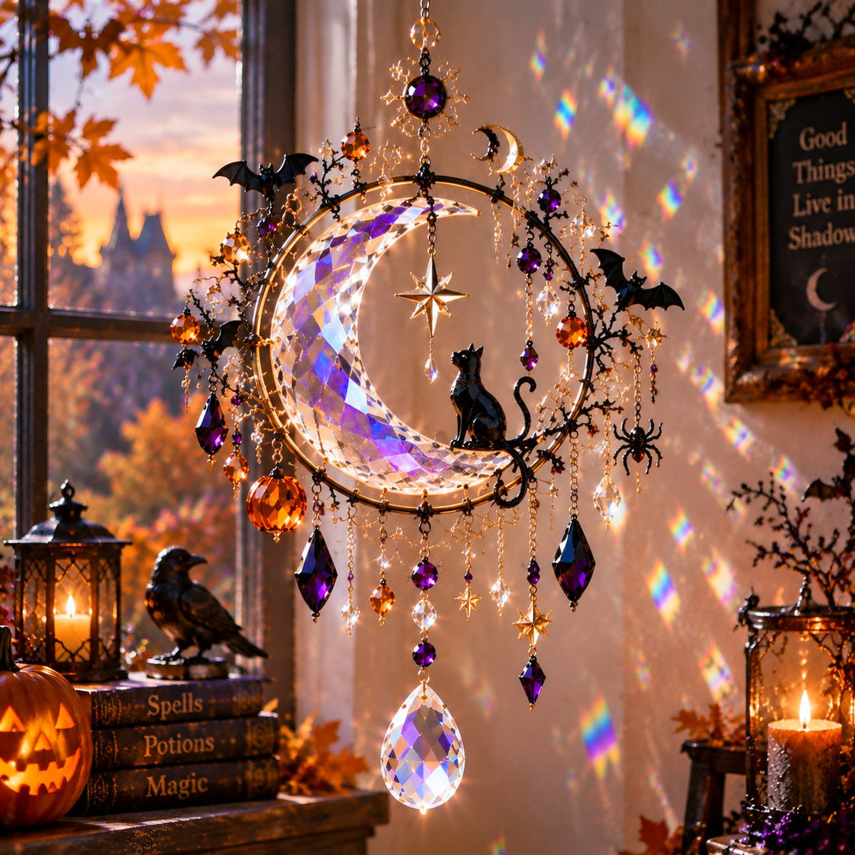 Moon Halloween crystal suncatcher in sunlight