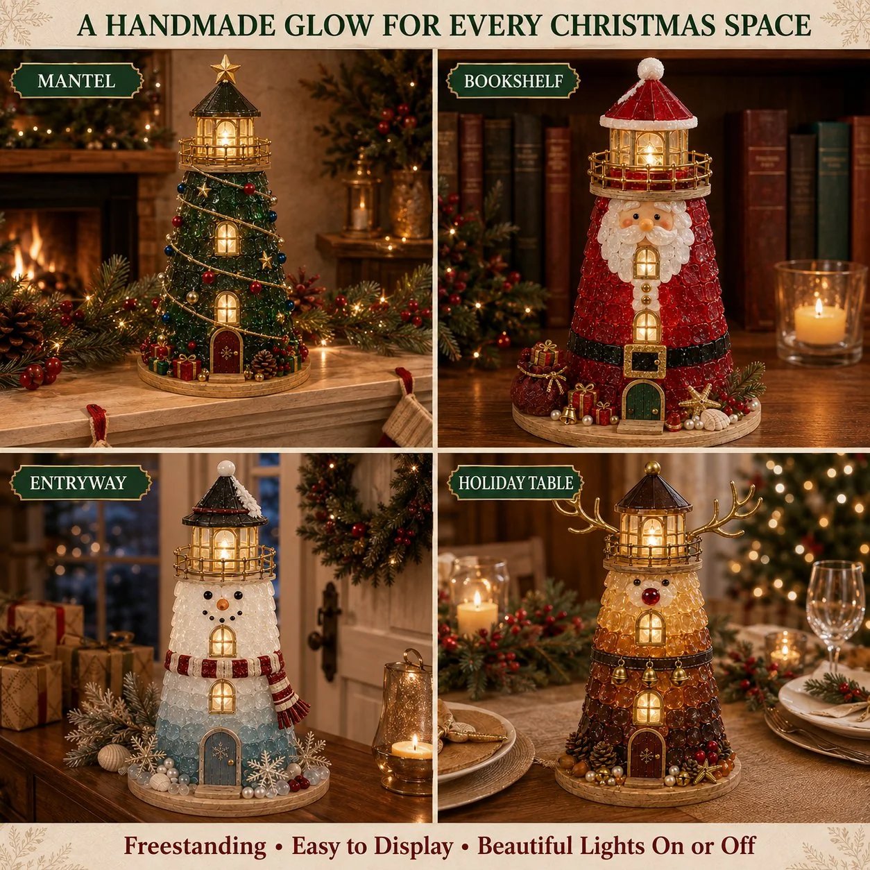 🎄Beginner-Friendly DIY Lighted Christmas Character Sea Glass-Style Lighthouse Kit Collection | Complete Kit with Sea Glass-Style Pieces, LED Lights & Step-by-Step Guide Included 💕