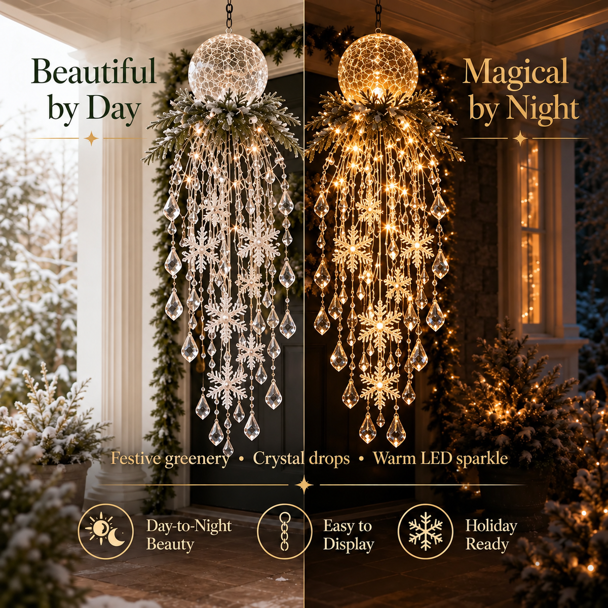 Crystal Cascade Christmas Ligh – Hanging Snowflake & Crystal LED Porch Décor ✨❄️