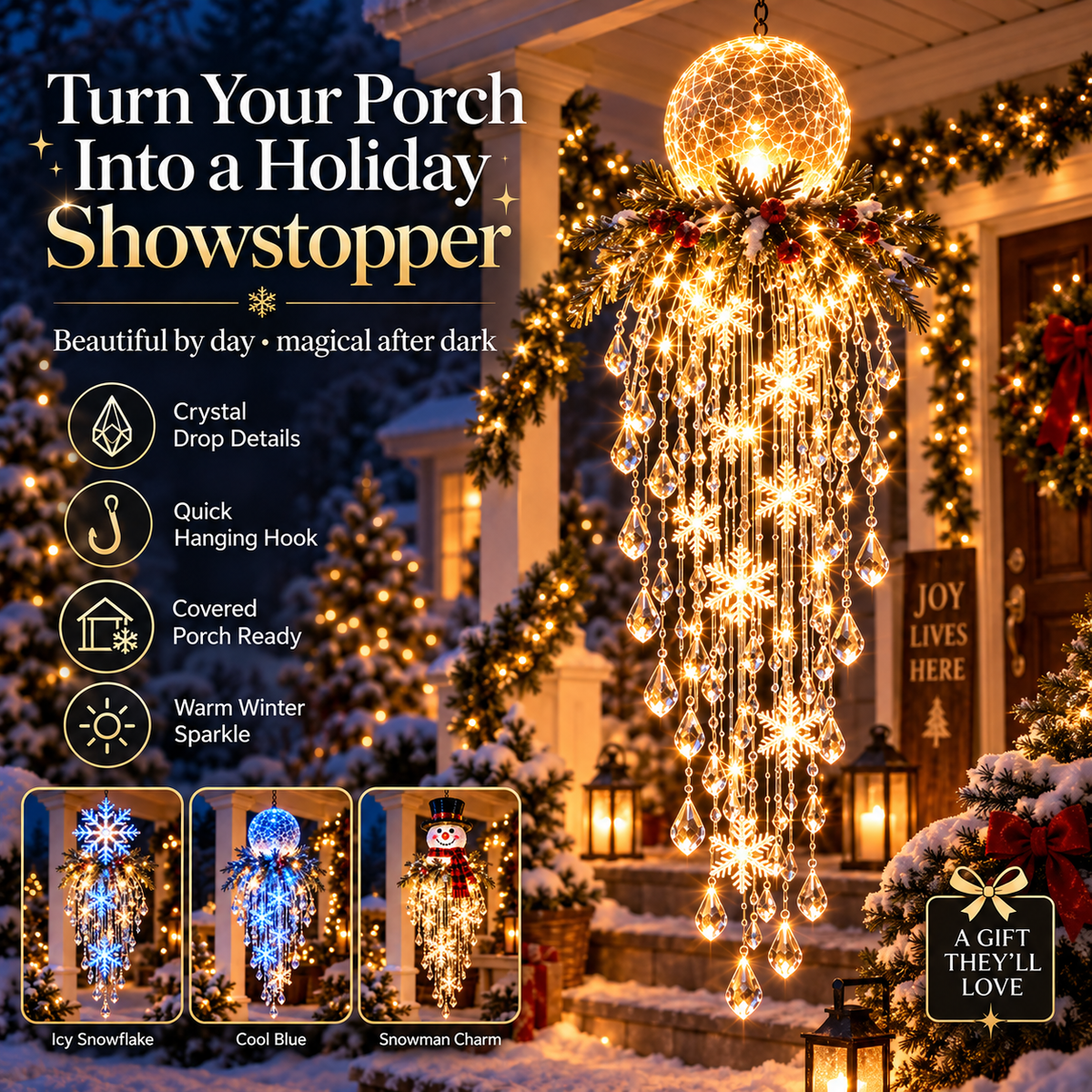 Crystal Cascade Christmas Ligh – Hanging Snowflake & Crystal LED Porch Décor ✨❄️