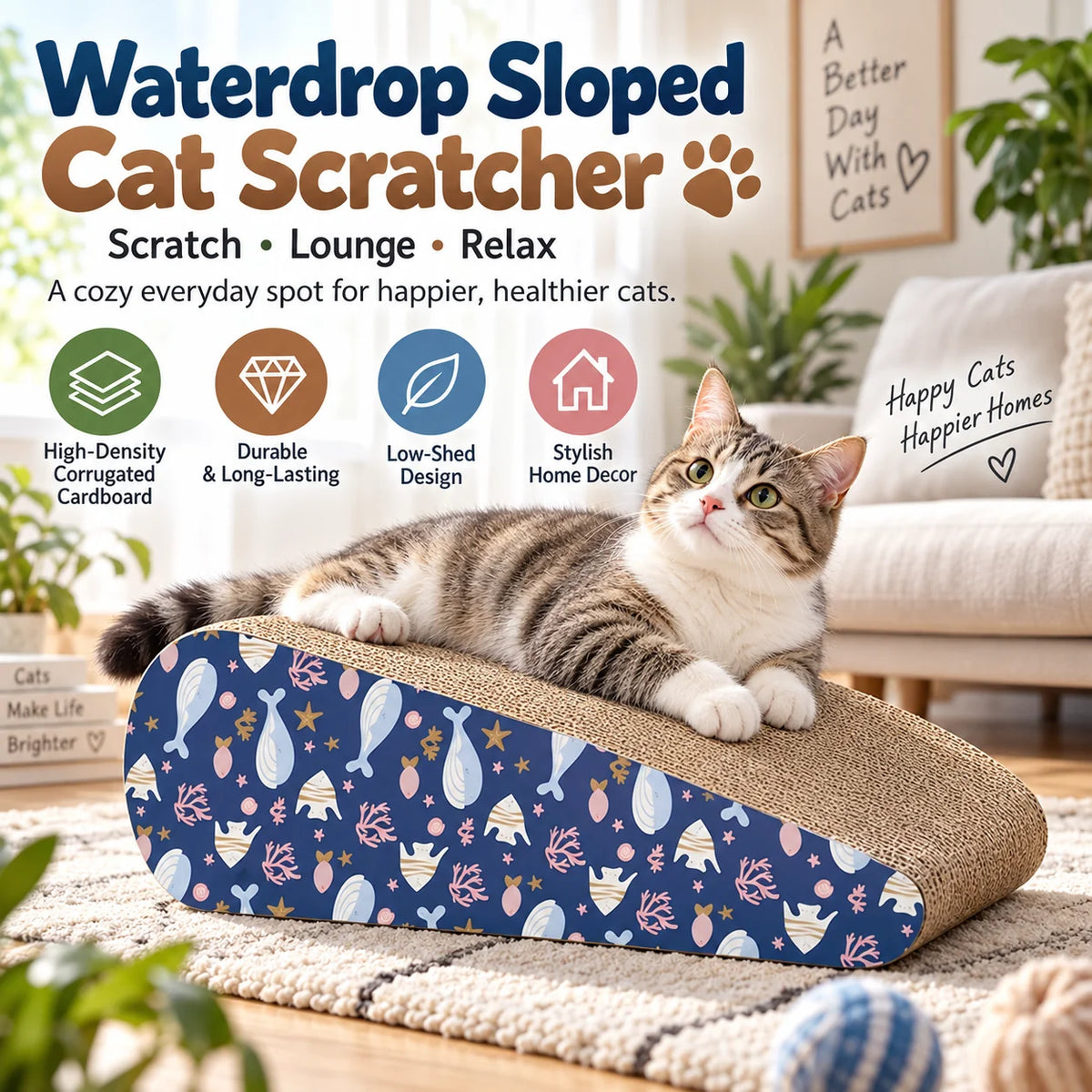 🐾 Waterdrop Sloped Cat Scratcher – High-Density Corrugated Cardboard Lounge & Scratch Board for Indoor Cats 🐱