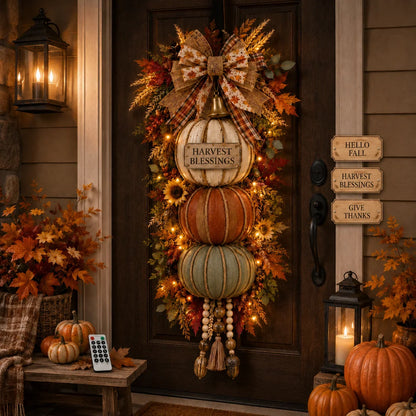 🎁 Last Day 50% OFF✨-🎄Lighted Stacked Pumpkin Fall Door Decorfor Cozy Autumn Home Entryway Charm 🍂