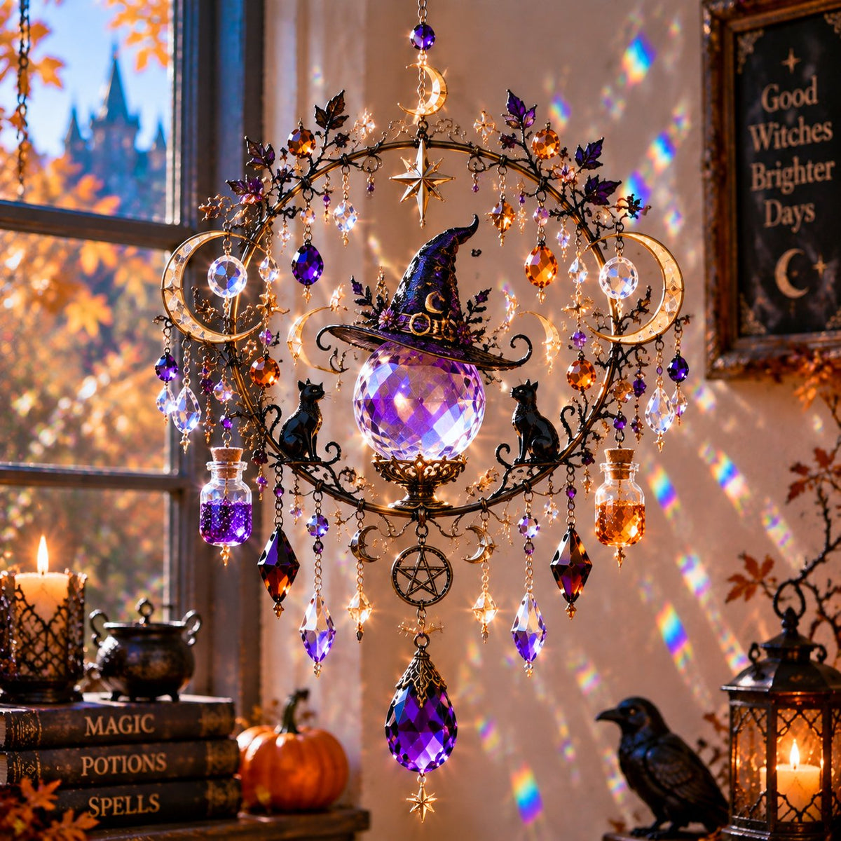 Halloween crystal witch suncatcher by a sunny window