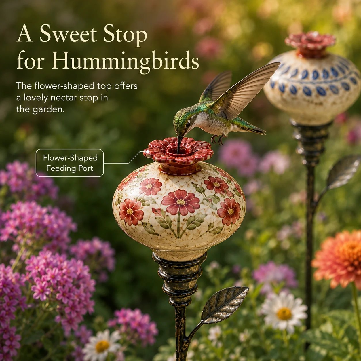 🐦🌸Vintage Ceramic Hummingbird Feeder Garden Decor Stake – Decorative Outdoor Bird Feeder